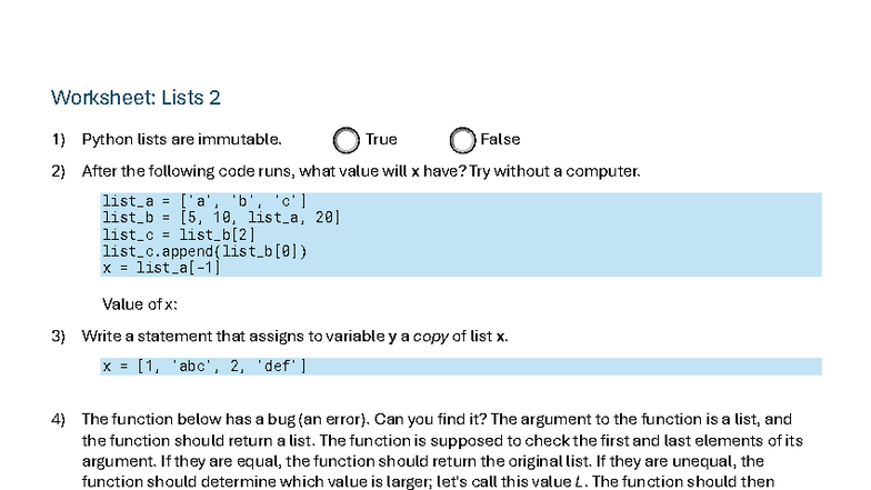 Worksheet: Python Lists 2 - Concepts & Exercises - Studocu