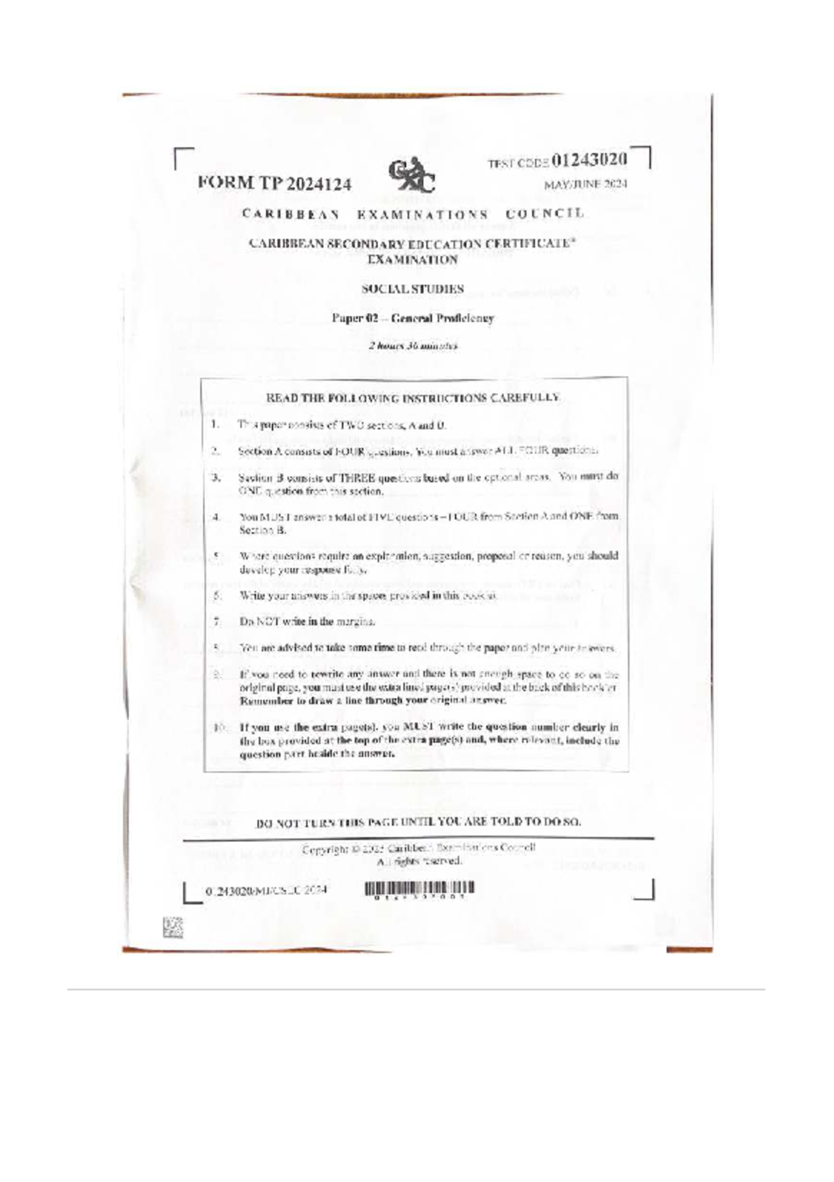 CSEC Social Studies Paper 02 Exam 2024 - General Proficiency - Studocu