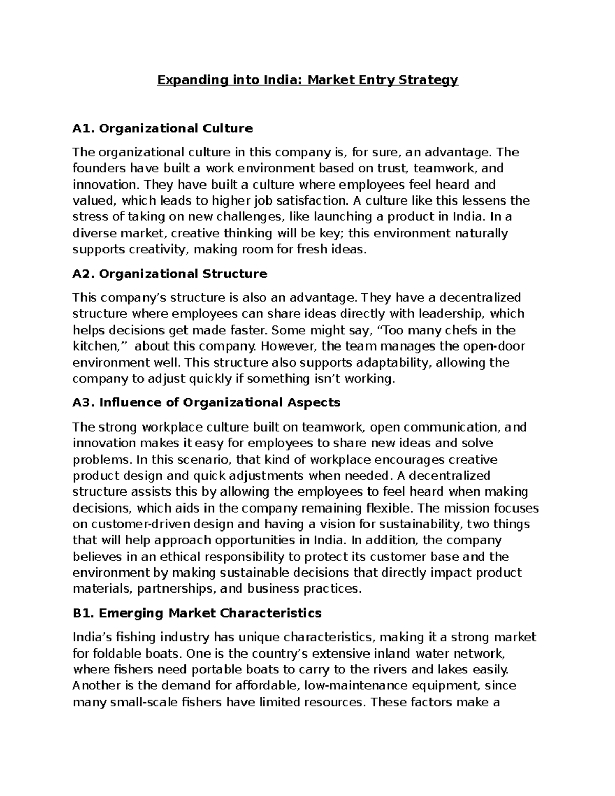 D081 Task 1 - Market Entry Strategy for India: Organizational Insights ...