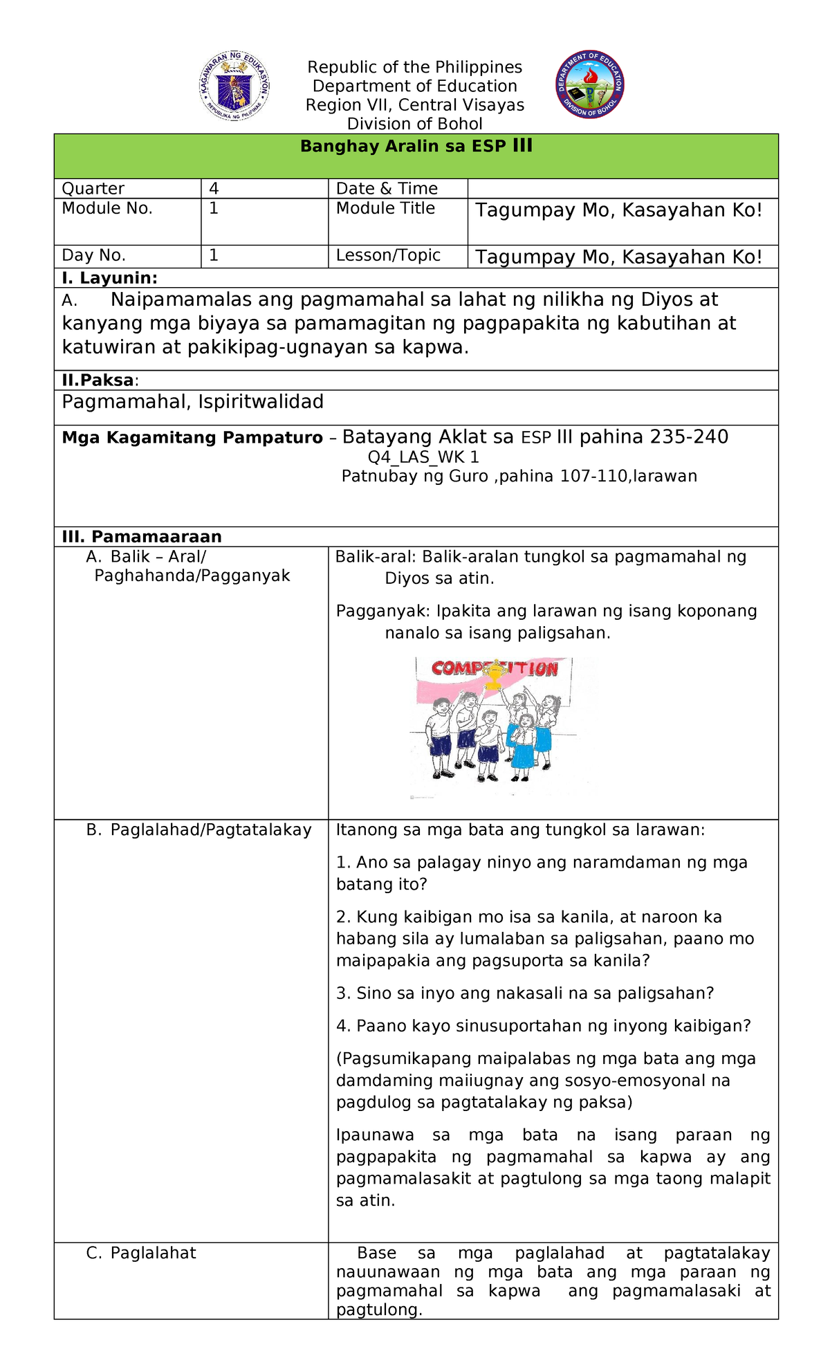 Banghay Aralin sa ESP III Q4 WK1: Pagmamahal at Pananalig sa Diyos ...