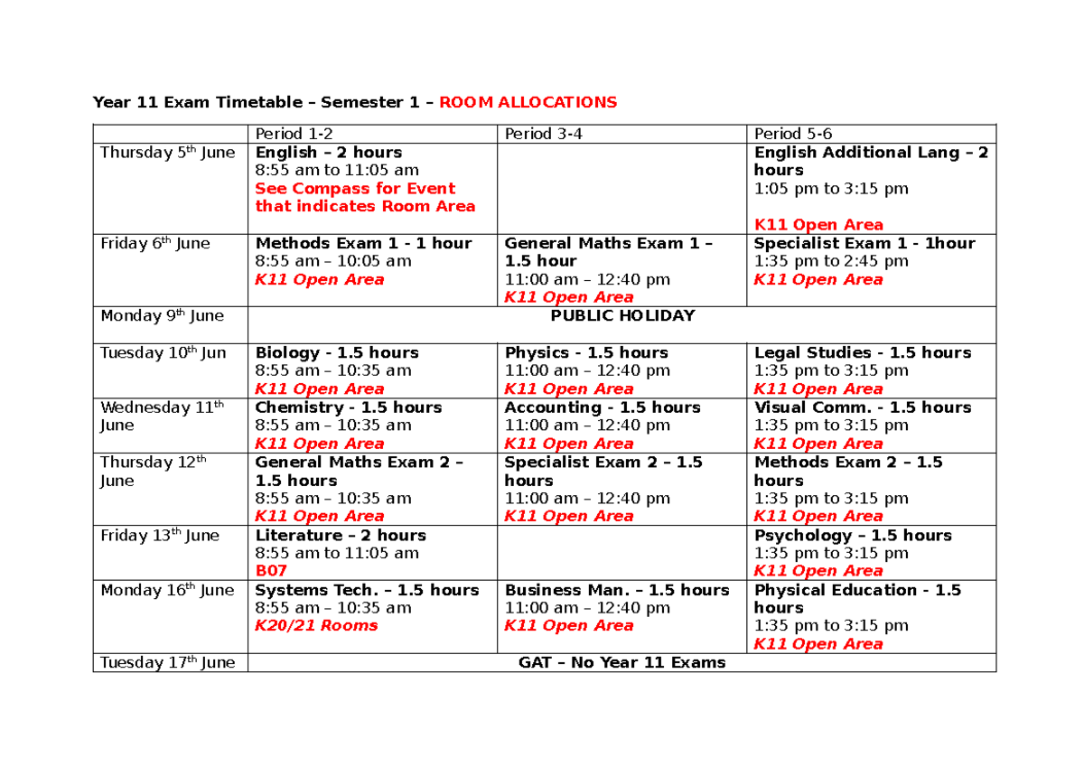 Year 11 Exam Timetable S1: Room Allocations & Schedule - Studocu