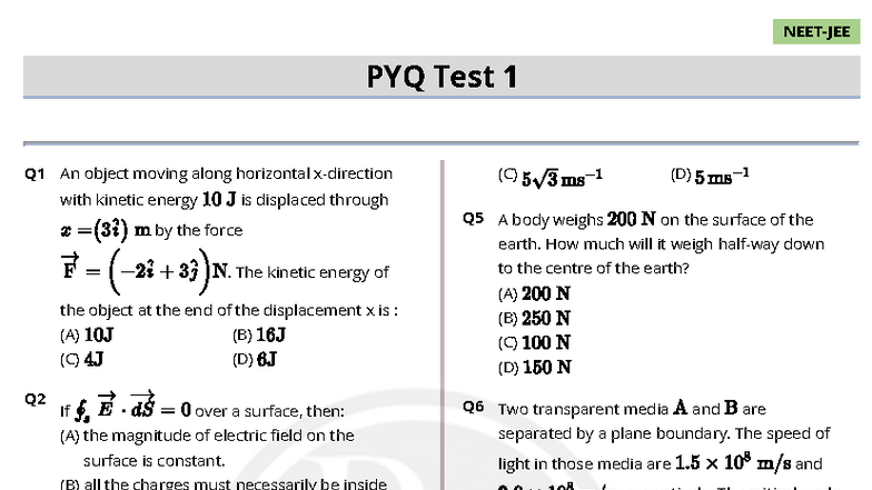 PYQ Test 01 - Physics Questions with Hints & Solutions - Studocu