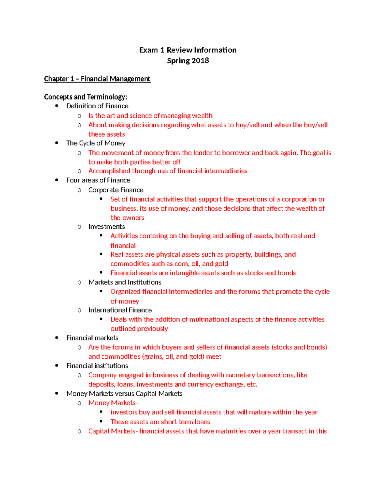 Financial Management 3724: Exam 1 Review Overview and Key Concepts ...