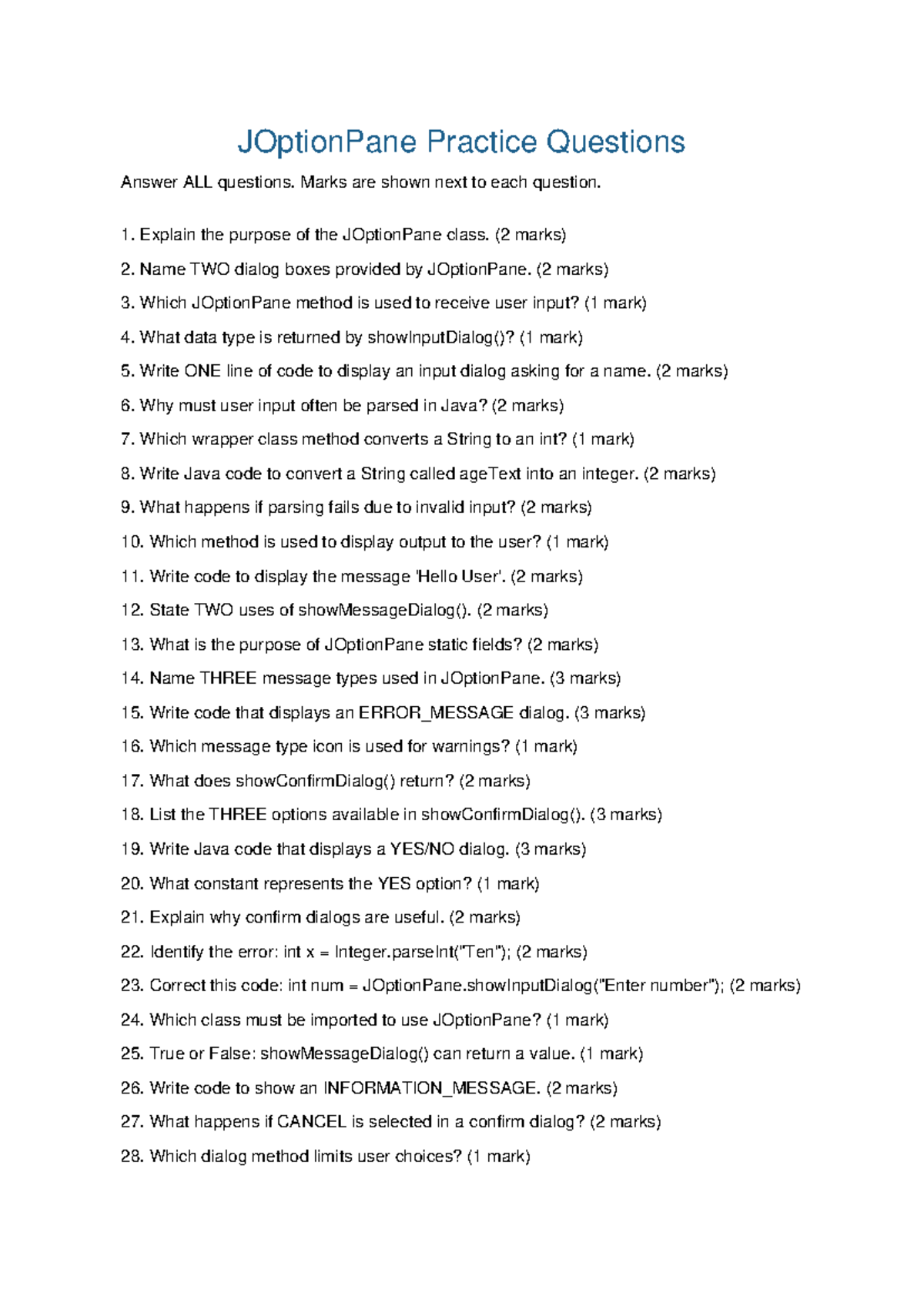 JOptionPane Practice Questions - Answer All for Java Basics - Studocu