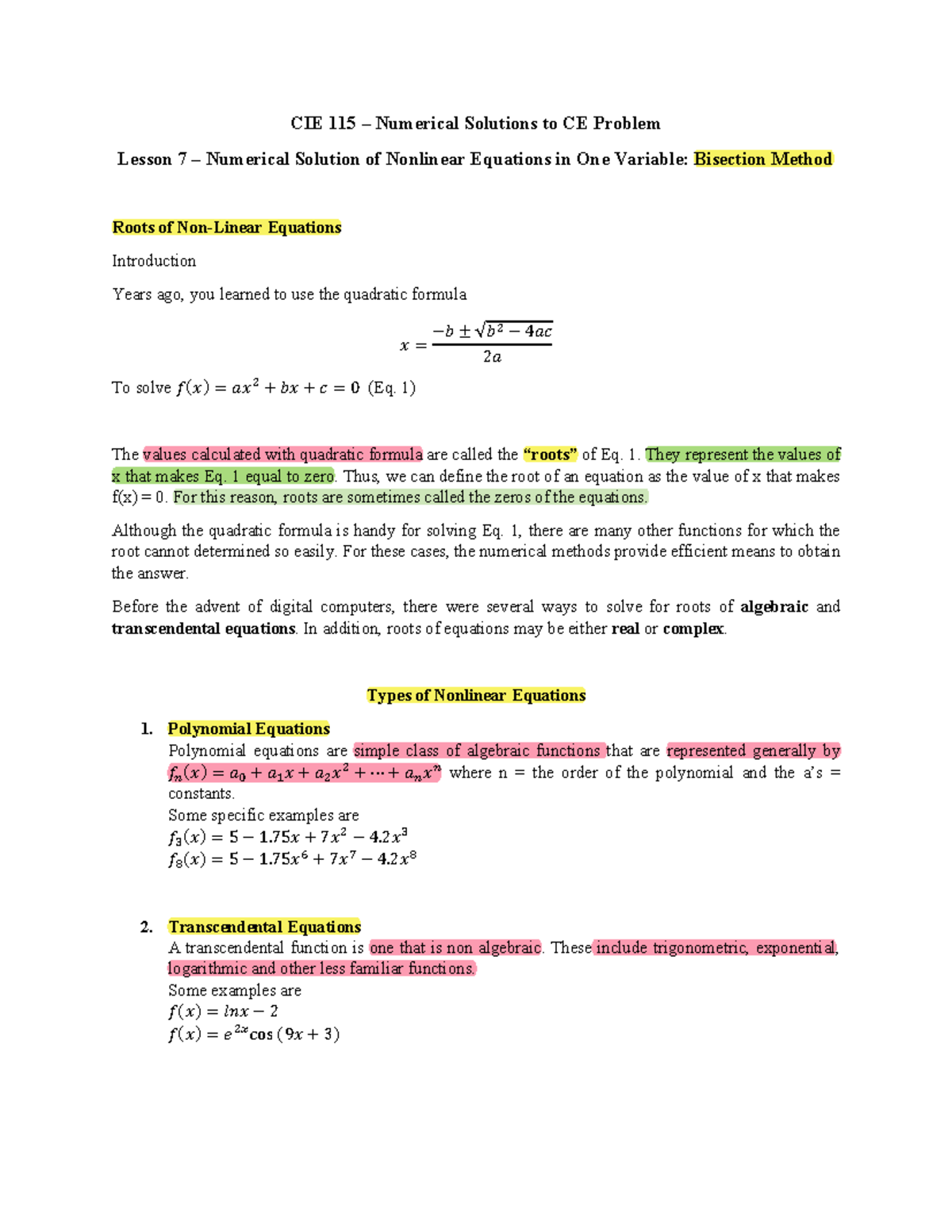 CIE 115 Lesson 7: Numerical Solutions for Nonlinear Equations - Studocu