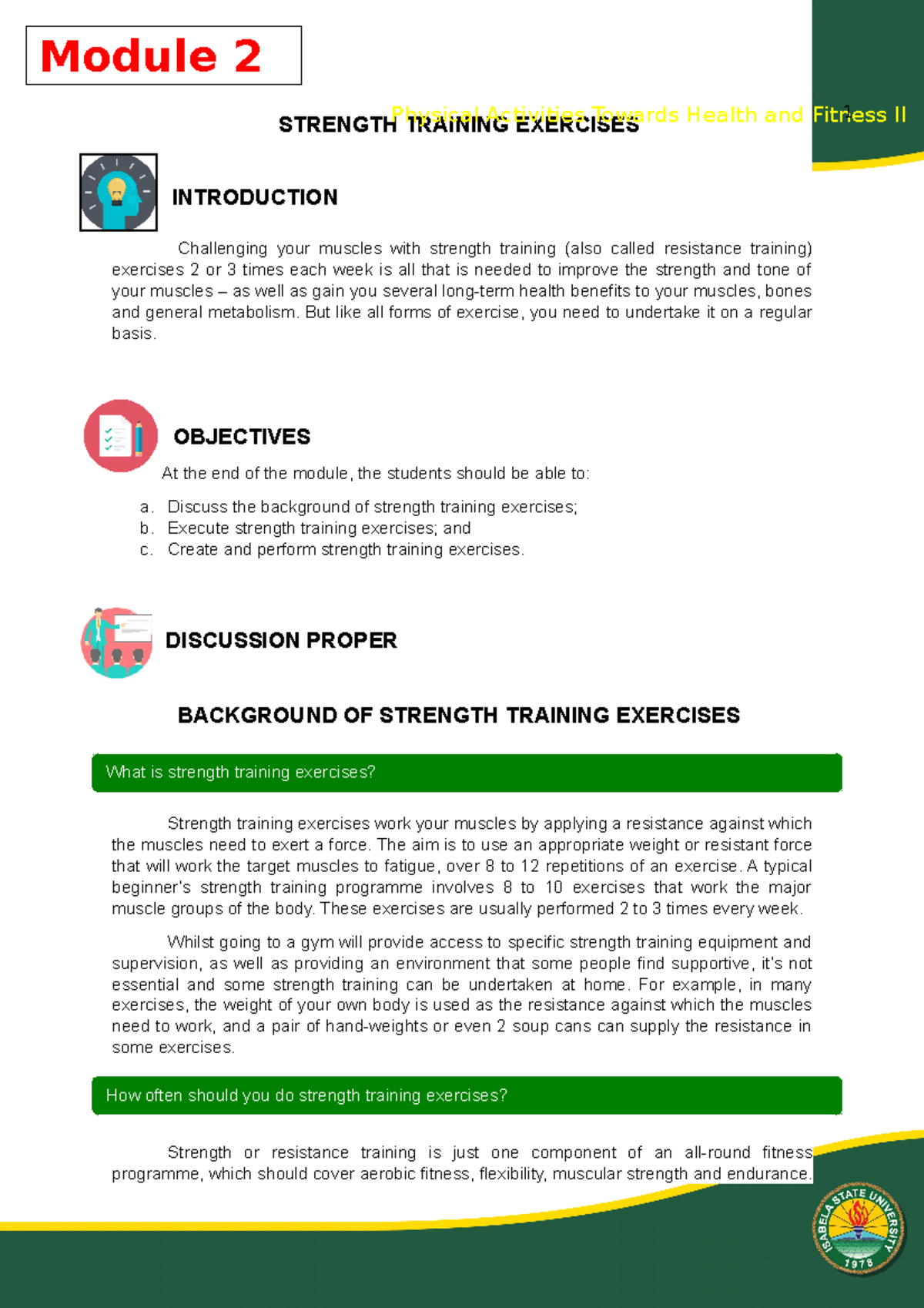 PE 2 Module 2 - Lecture Notes on Strength Training Exercises - Studocu