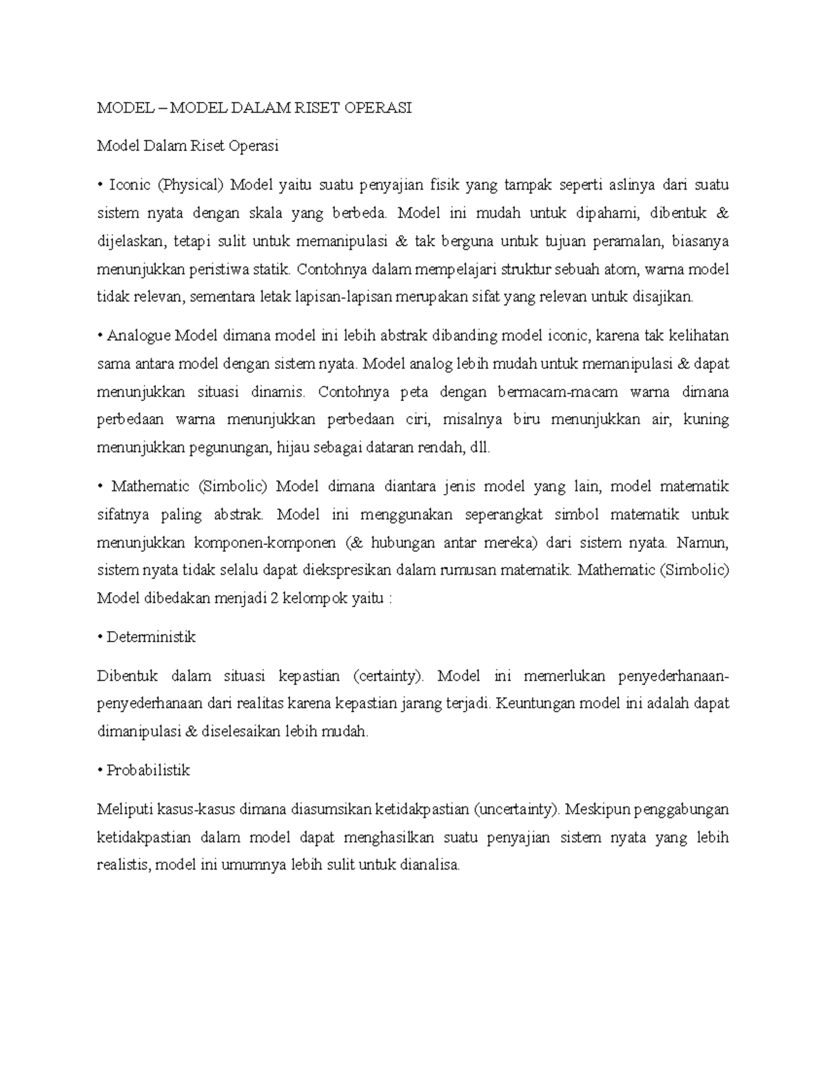 Model dan Jenis-Jenisnya dalam Riset Operasi: Sebuah Tinjauan - Studocu