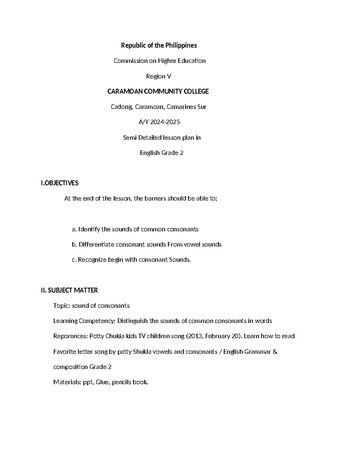 Semi-Detailed Lesson Plan in English for Grade 2: Consonant Sounds ...