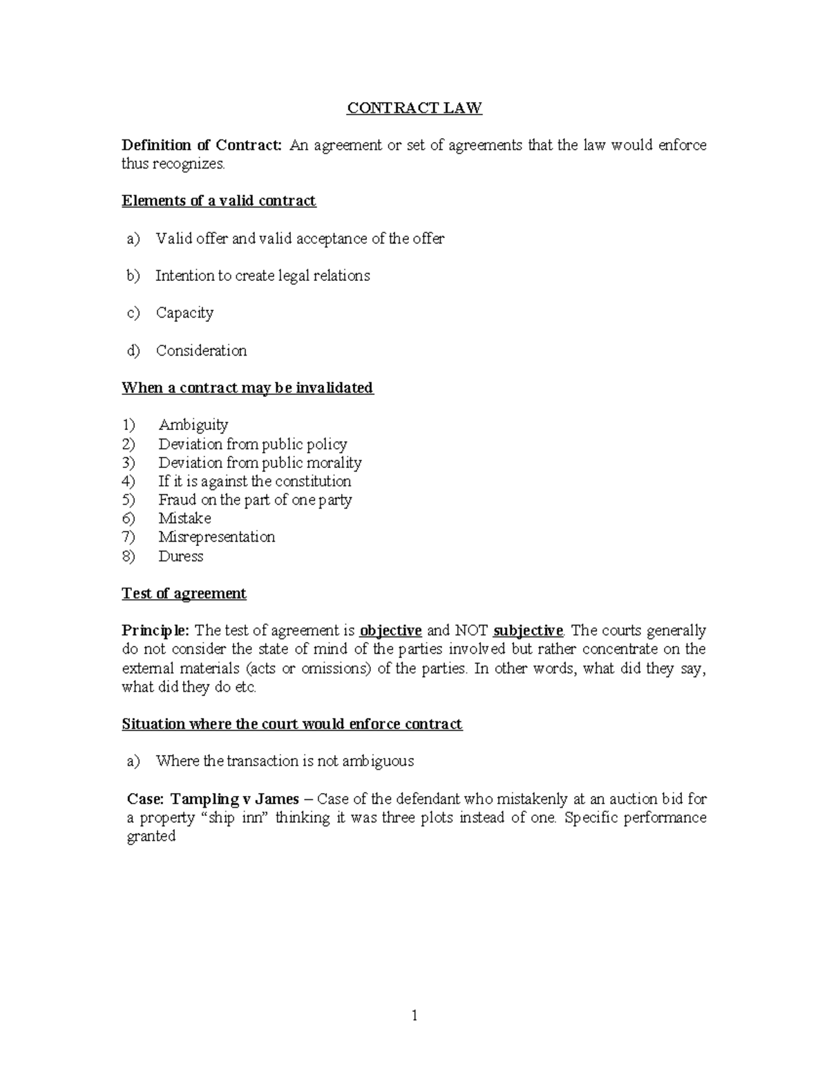 Contract LAW Notes - CONTRACT LAW Definition of Contract: An agreement ...