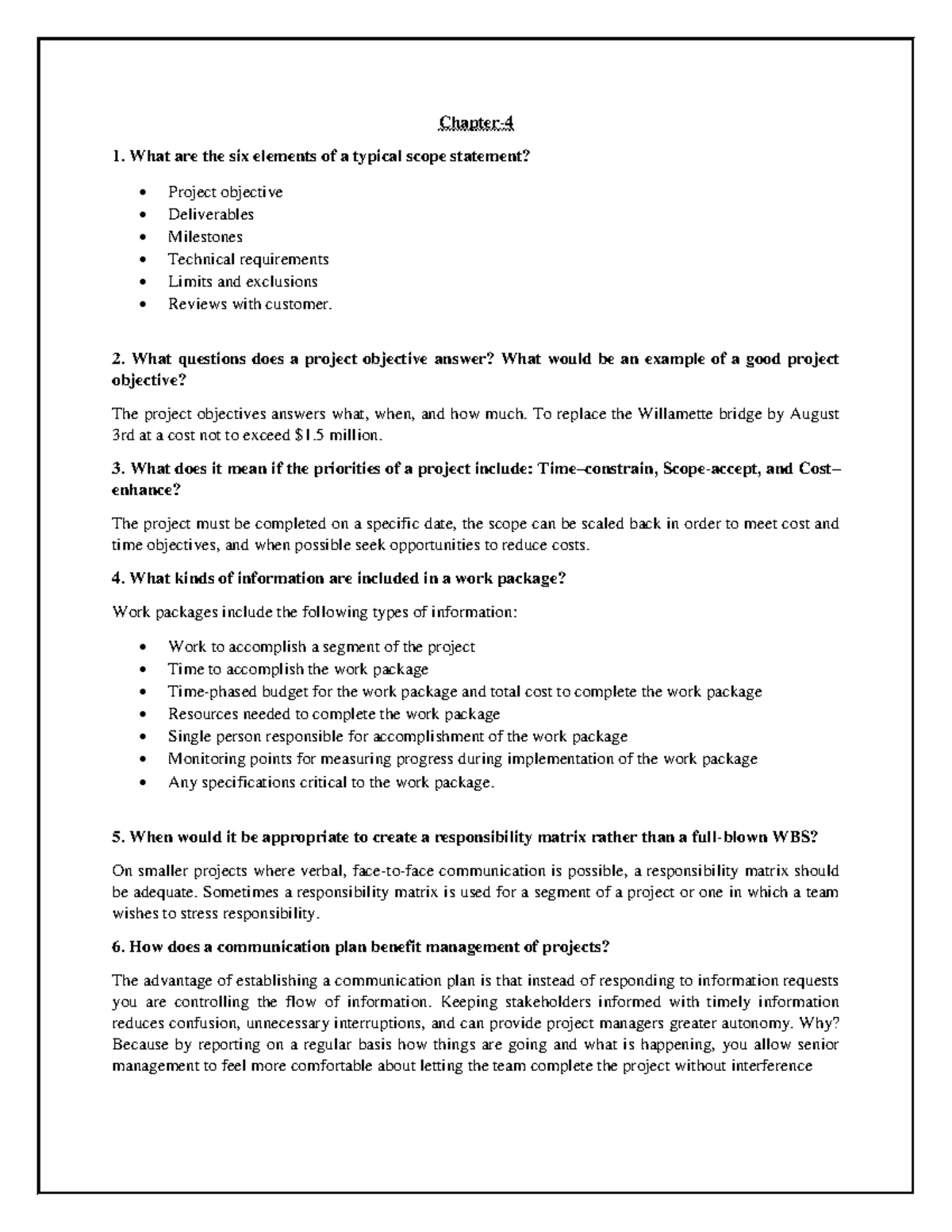 Project Mgt Notes: Chapters 4-7 Overview and Key Concepts - Studocu