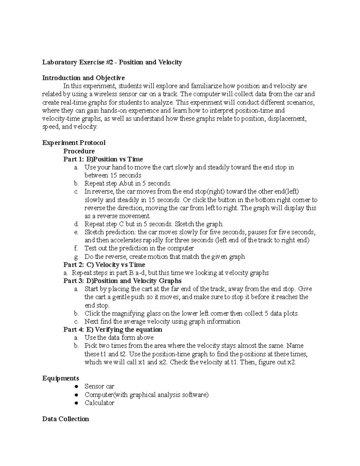 PHYS 110 Lab Report 2: Exploring Position and Velocity - Studocu