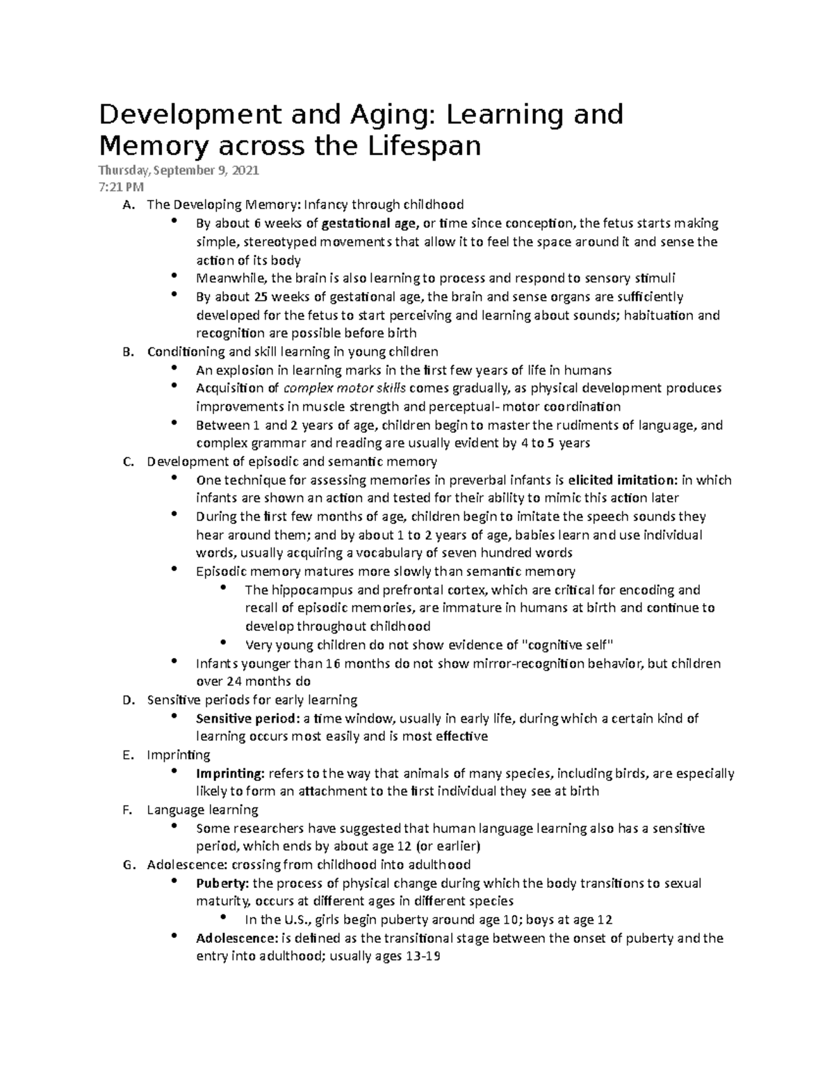 Learning and Memory Ch. 12: Development and Aging Across the Lifespan ...