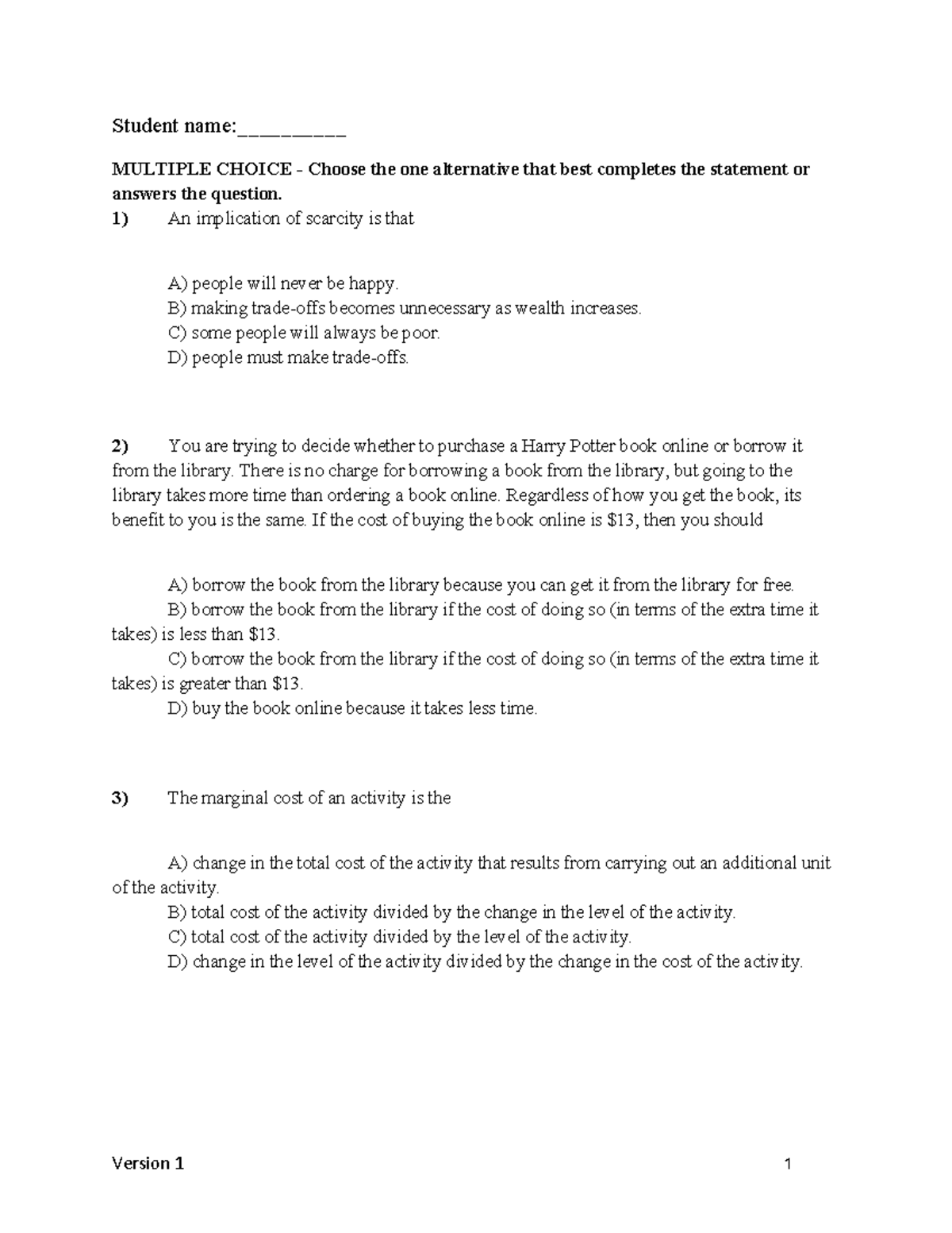 Chapter 1 Quiz (Version 1) - Economics Multiple Choice Questions - Studocu
