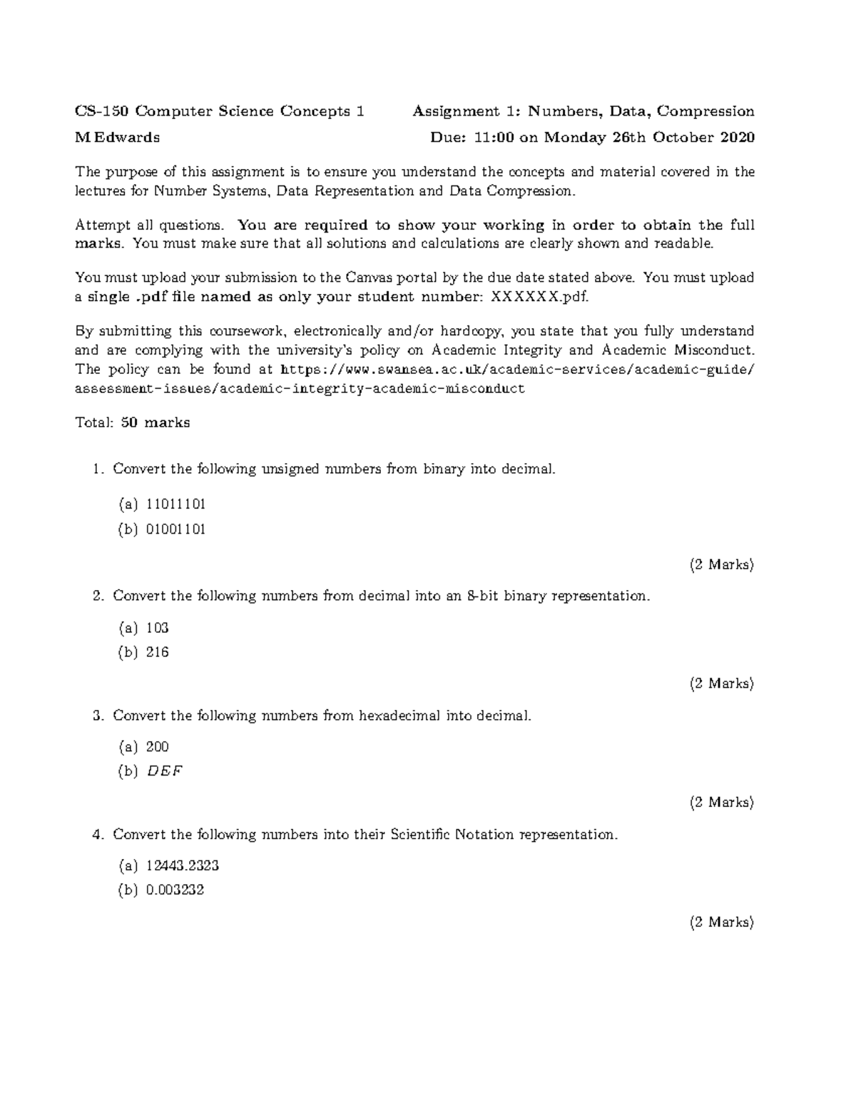 CS-150 Assignment 1: Understanding Numbers, Data & Compression - Studocu