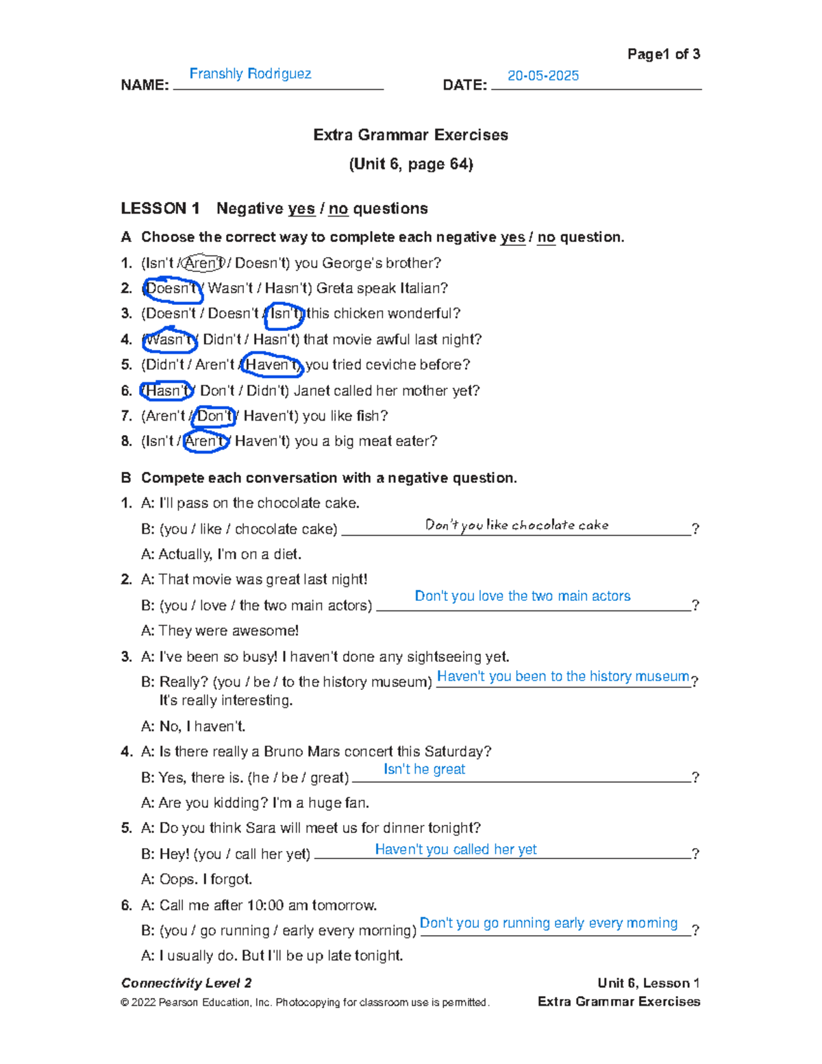 CTY2 Extra Grammar Exercises: Unit 6 Lessons 1 & 2 Review - Studocu