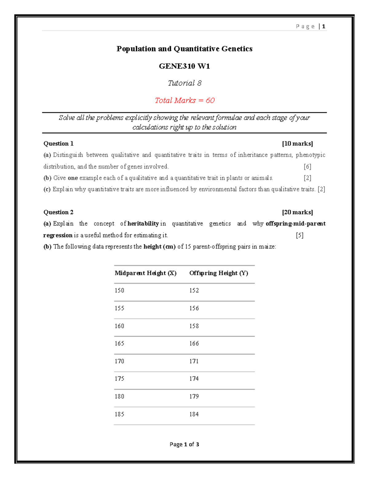Tutorial 8 - Population & Quantitative Genetics GENE310 W1 - Studocu