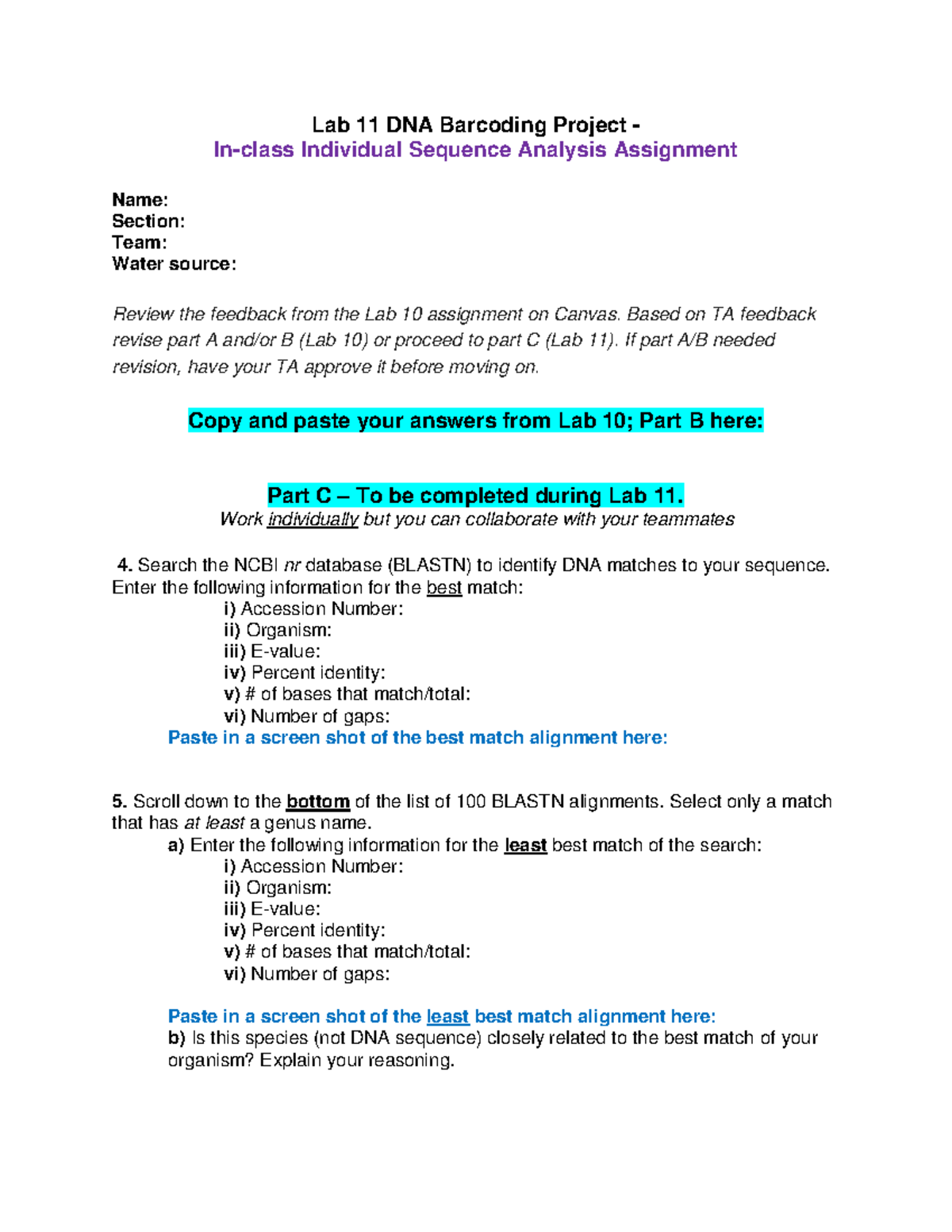 Lab 11 DNA Barcoding Project: Individual Sequence Analysis - Studocu