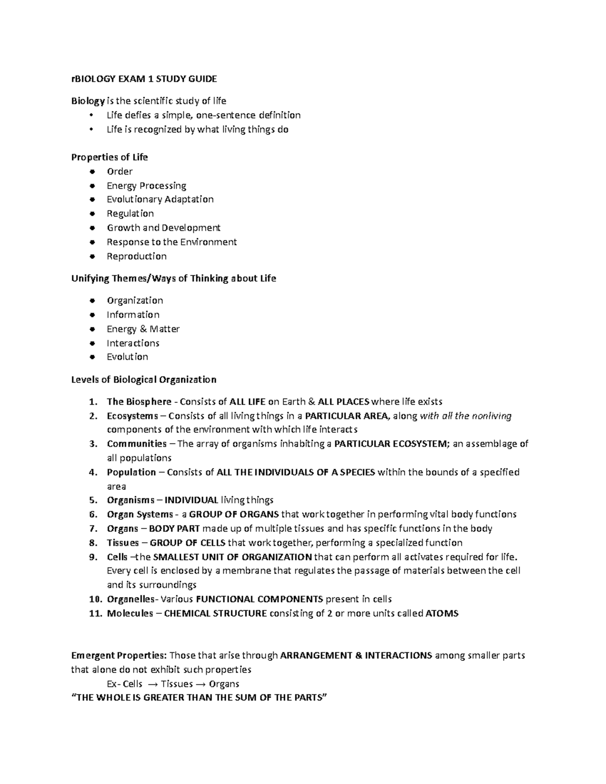 Biology 101: Exam 1 Study Guide on Life and Biological Organization ...