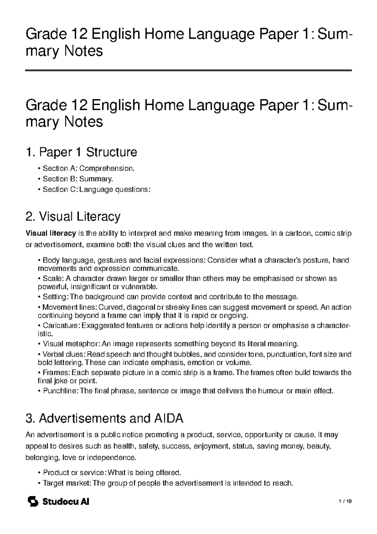 Grade 12 English Home Language Paper 1: Summary Notes - Studocu