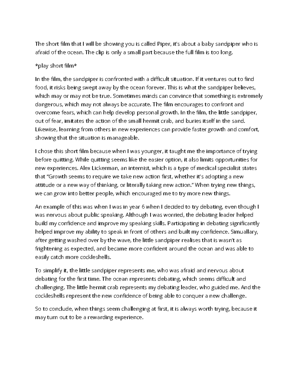 English - Reel Me Oral Script: Analyzing the Short Film 