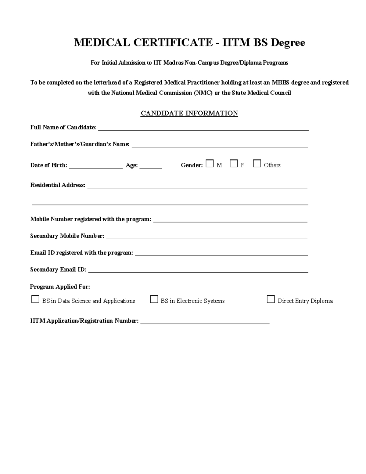 IITM Medical Certificate Format for BS Program Admission - Studocu