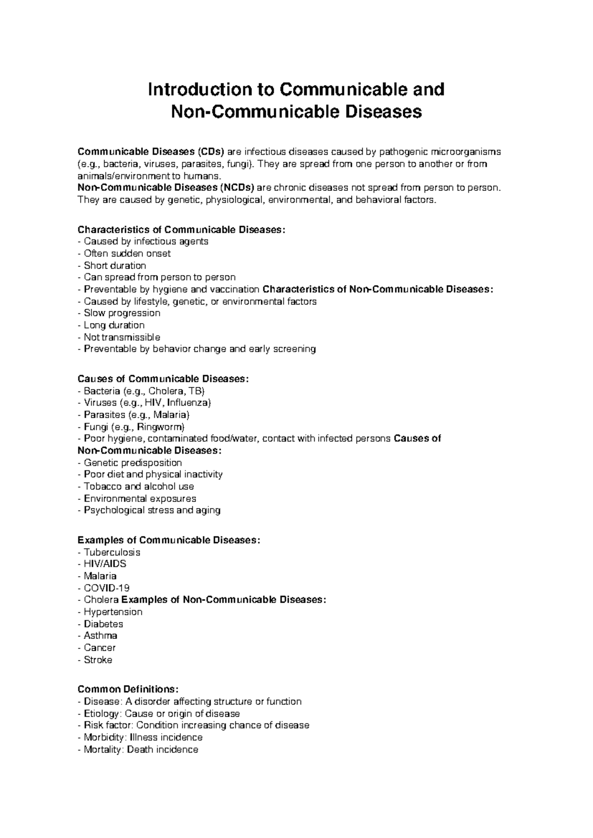 Communicable and Non-Communicable Diseases Overview (CDs & NCDs) - Studocu