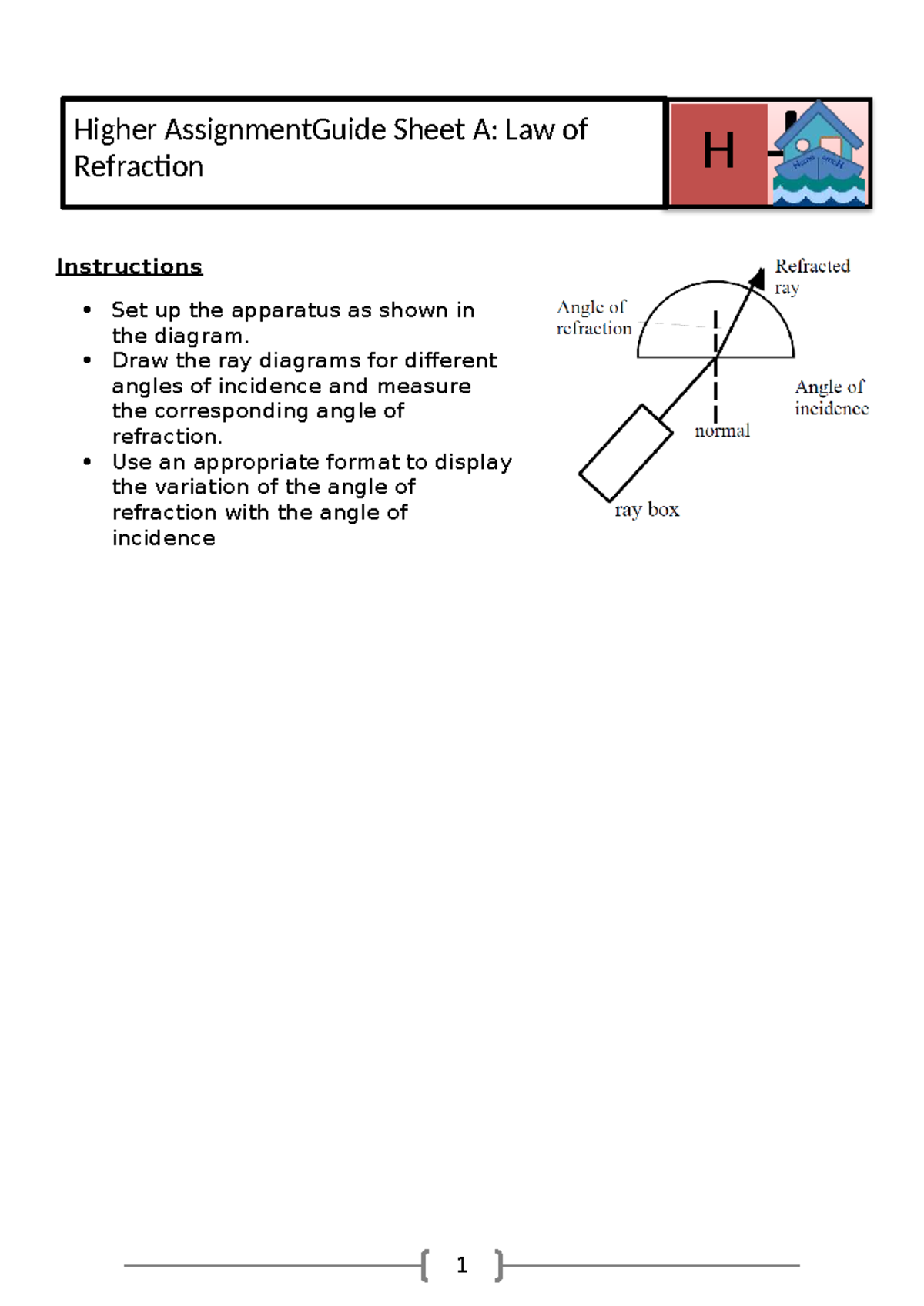 H Assign Refraction A 2023 method - 1 Instructions Set up the apparatus ...
