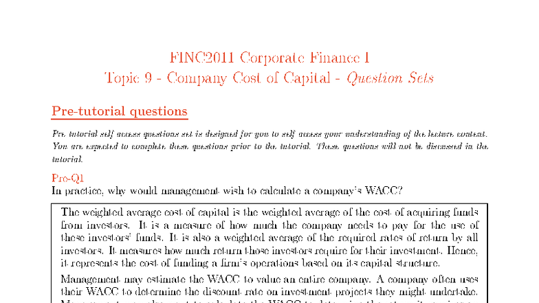 FINC2011 Tutorial Topic 9: Company Cost of Capital Question Sets - Studocu