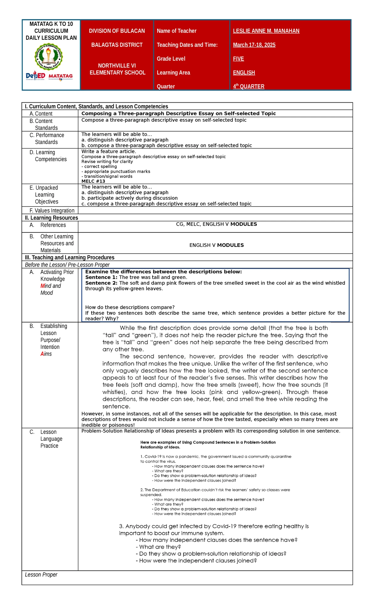 Matatag Daily Lesson PLAN English Grade 5 Q4 WEEK5 - MATATAG K TO 10 ...
