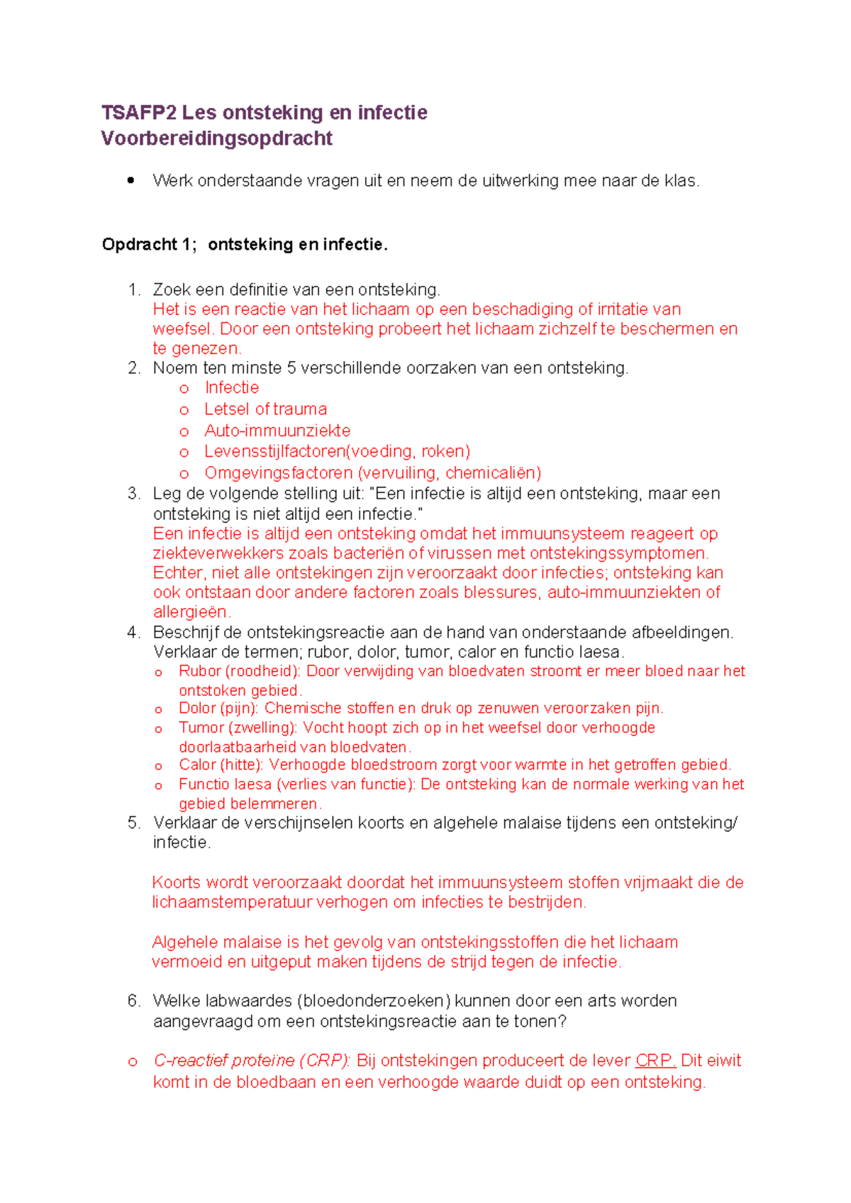 TS-AFP2 Voorbereidingsopdracht Les 7: Ontsteking en Infectie - Studeersnel