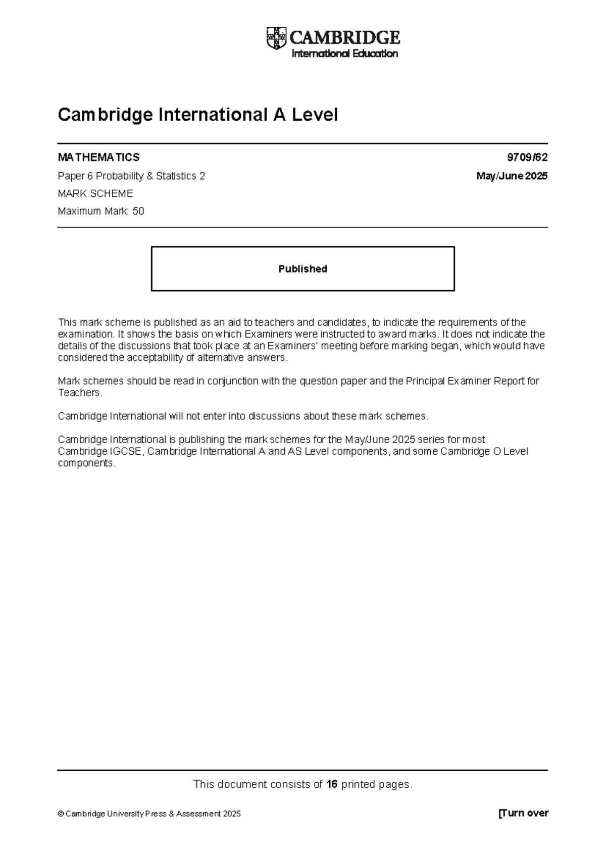 Cambridge International A Level 9709 Mathematics Paper 6 Mark Scheme ...