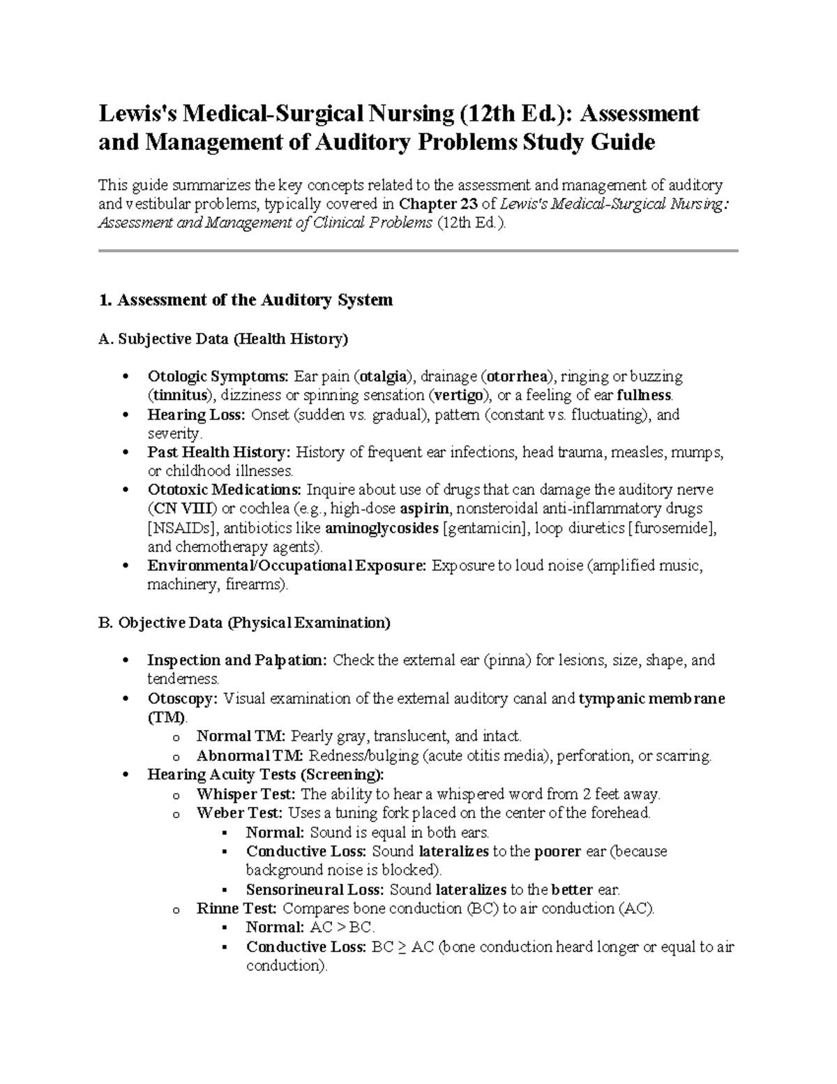 Nursing 12th Ed.: Auditory Problems Assessment & Management Guide - Studocu