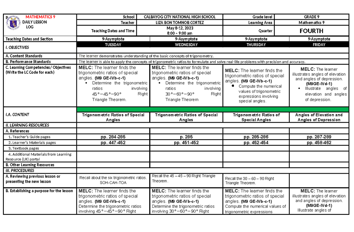 Math 9 Daily Lesson Log (DLL) for May 8-12, 2023: Trigonometry Concepts - Studocu