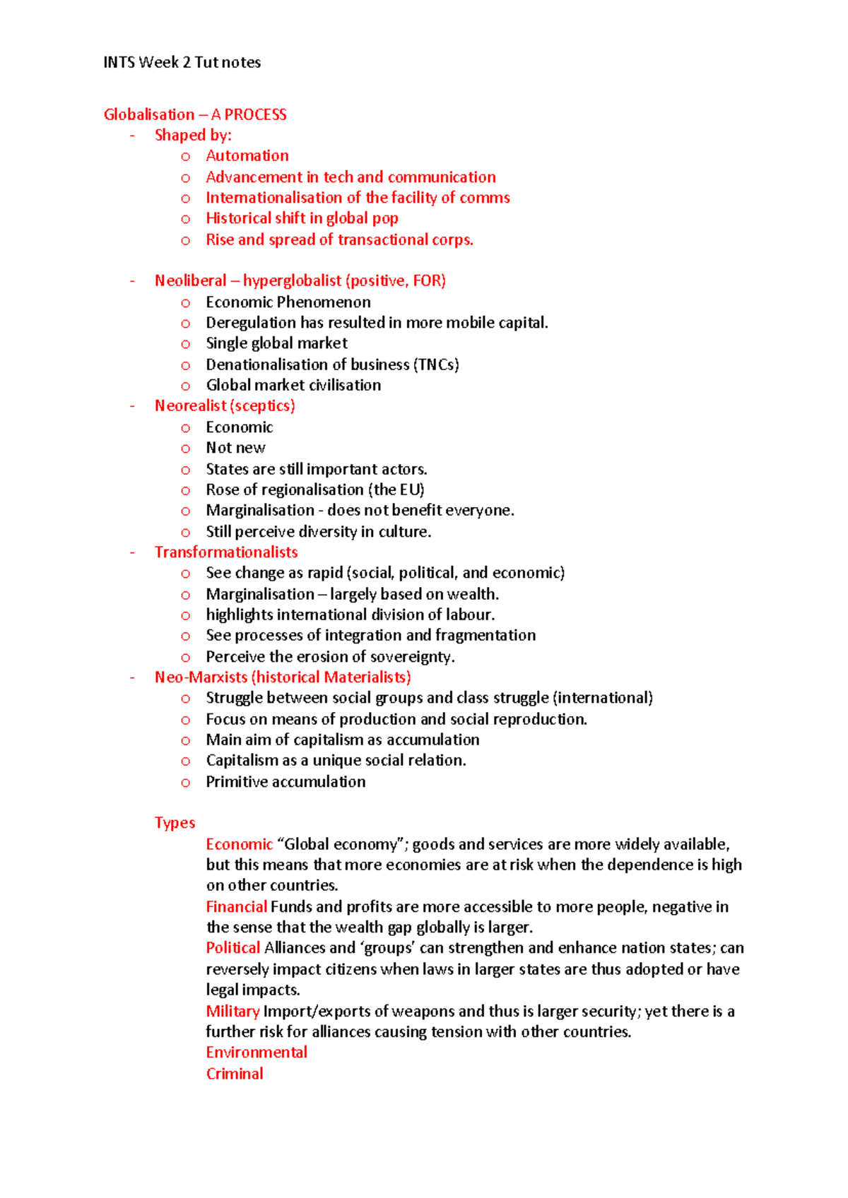 INTS Week 2 Tut Notes: Globalisation and Its Impacts - Studocu