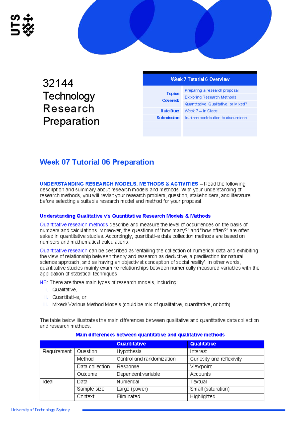 Week 07 Tutorial 06: Research Proposal & Methods Overview (32144) - Studocu