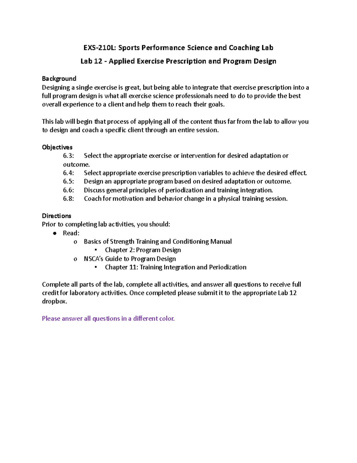 Lab 11: Exercise Prescription & Program Design for EXS-210L - Studocu