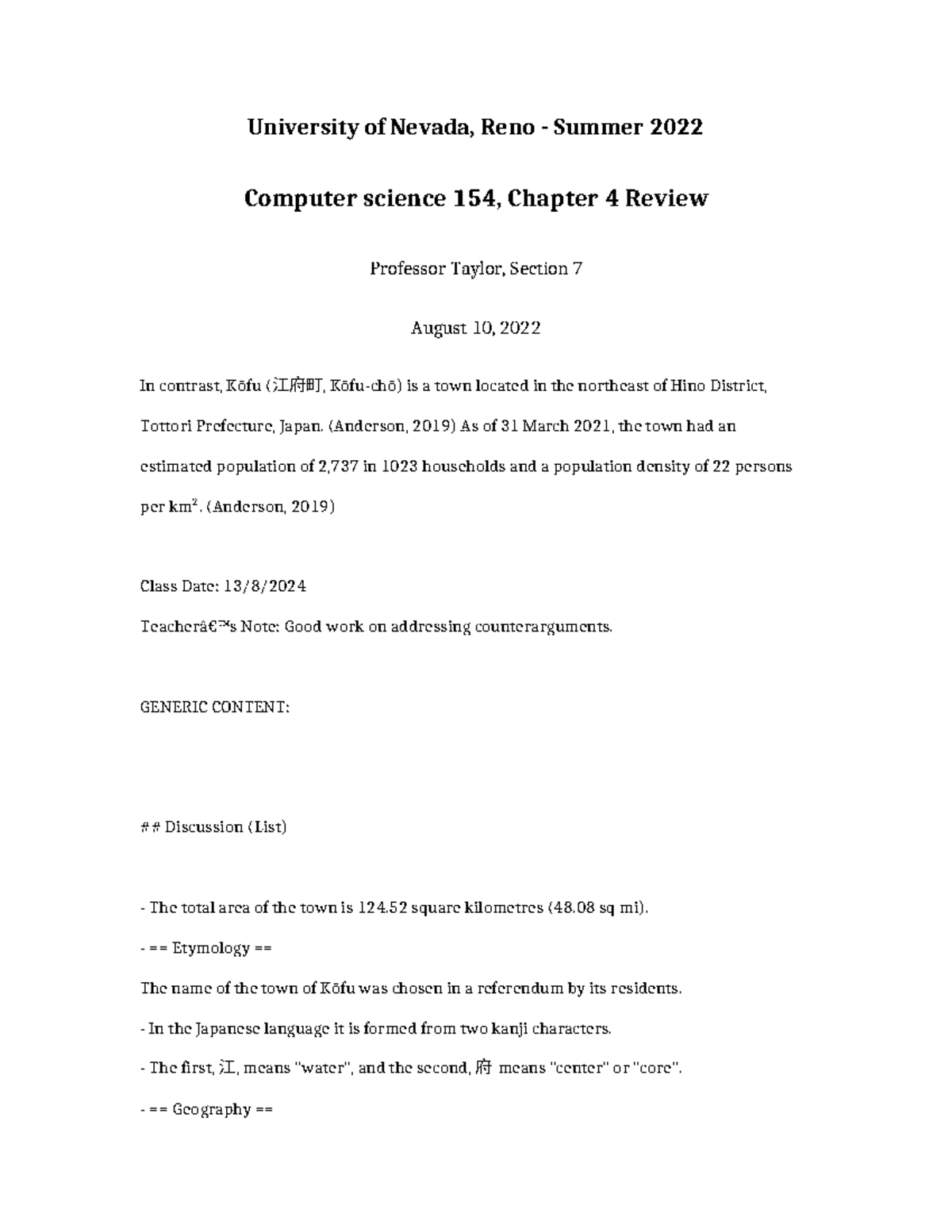 Computer Science 154 Chapter 4 Review - University of Nevada, Reno ...
