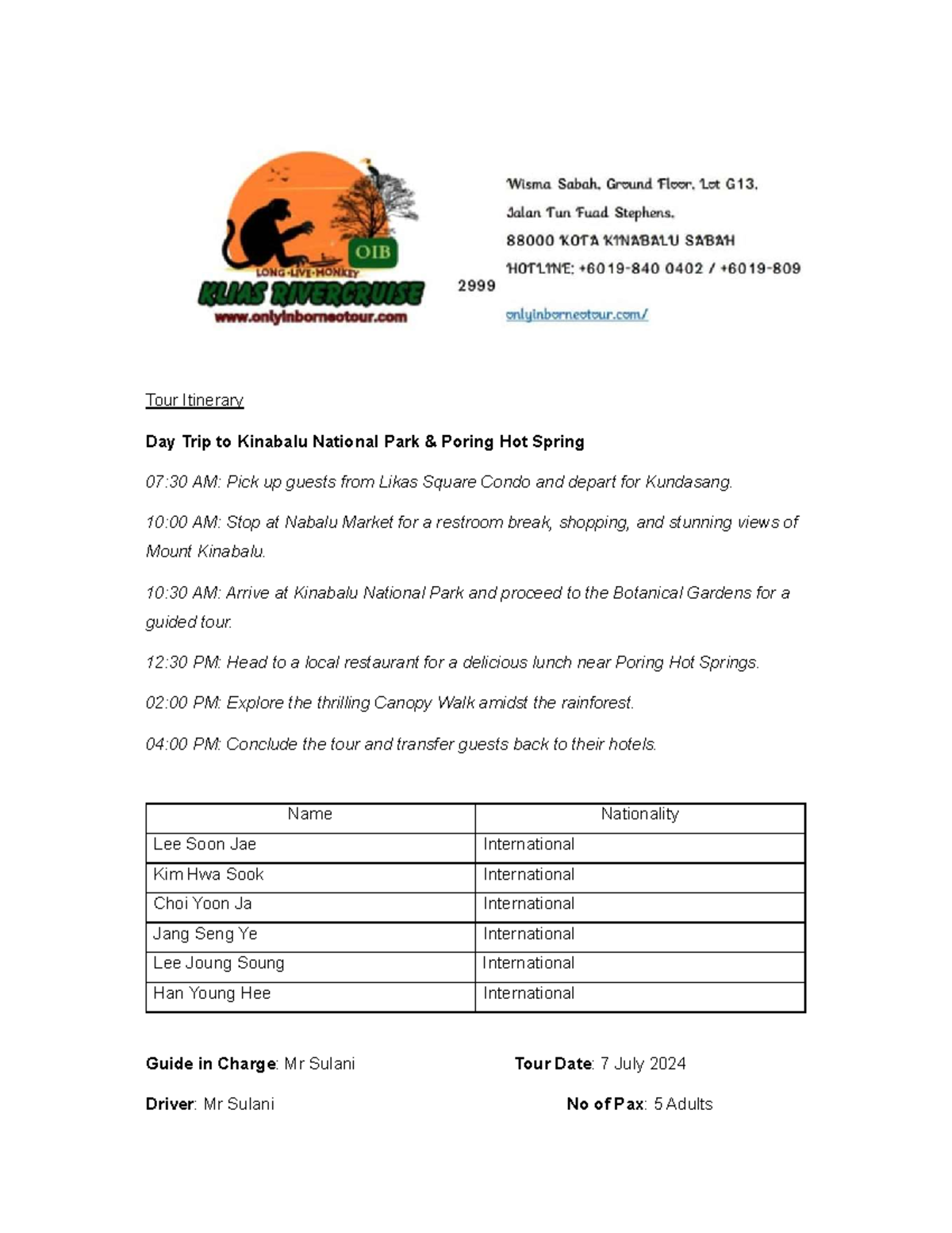 Tour Itinerary Example for Tour Guide (Sample) - 07 July 2024 - Studocu
