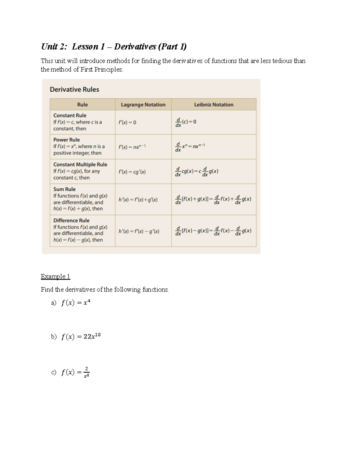 Unit 2 - Lesson 1 Handout - Unit 2: Lesson 1 – Derivatives (Part 1 ...