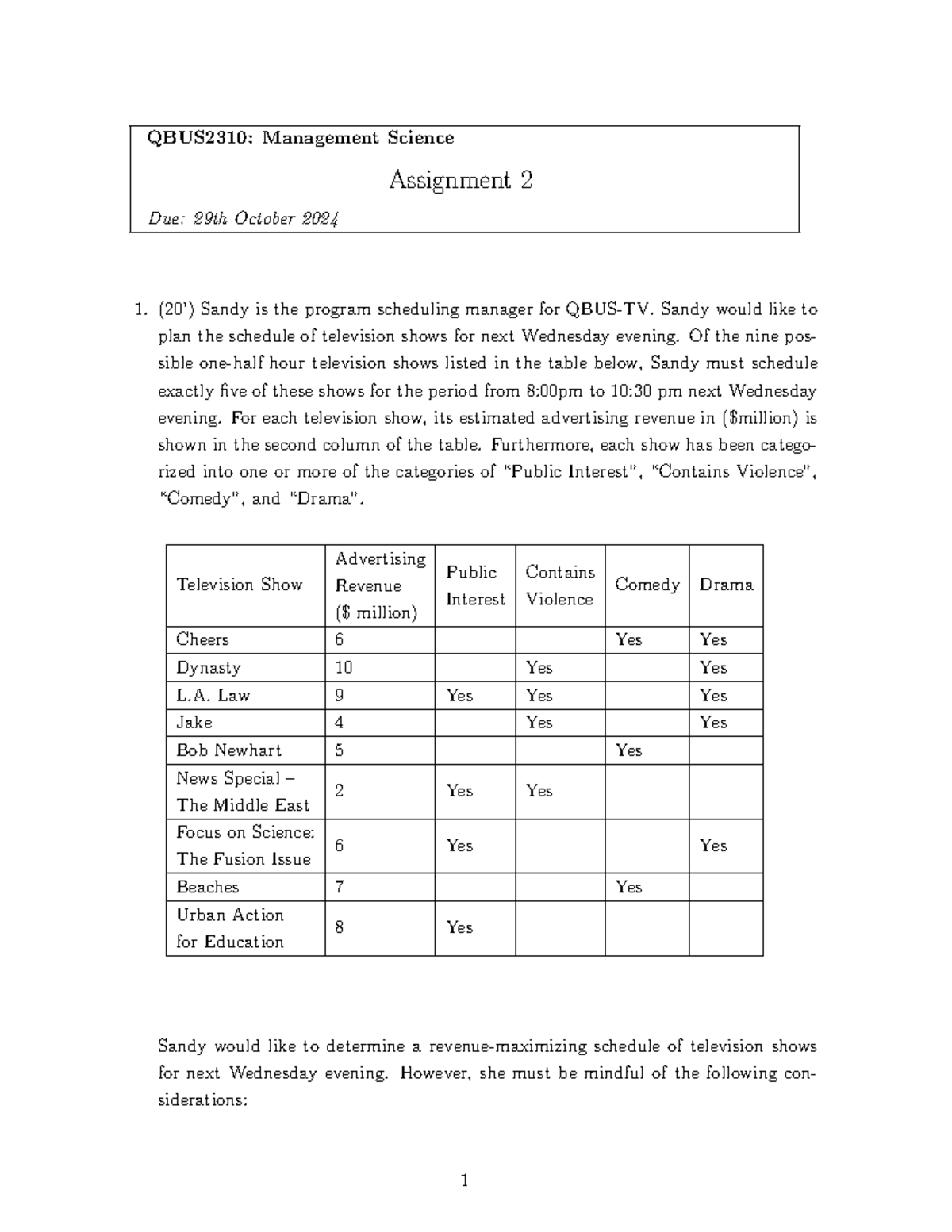 QBUS2310 Assignment 2 Solution - QBUS2310: Management Science ...