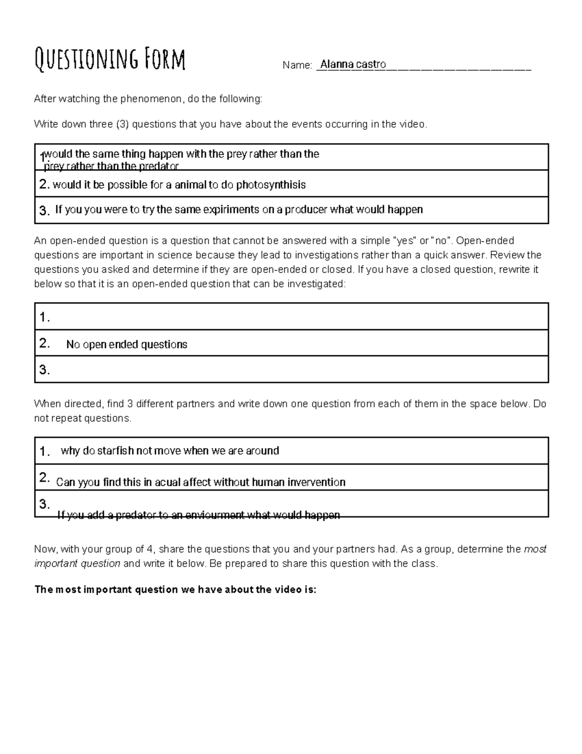 1.a Homeostasis Questioning Form - Questioning Form Name
