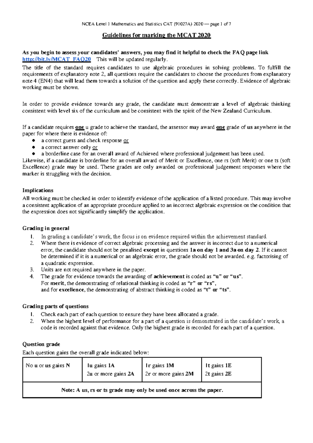 NCEA Level 1 Mathematics and Statistics CAT (91027A) 2020 Marking ...