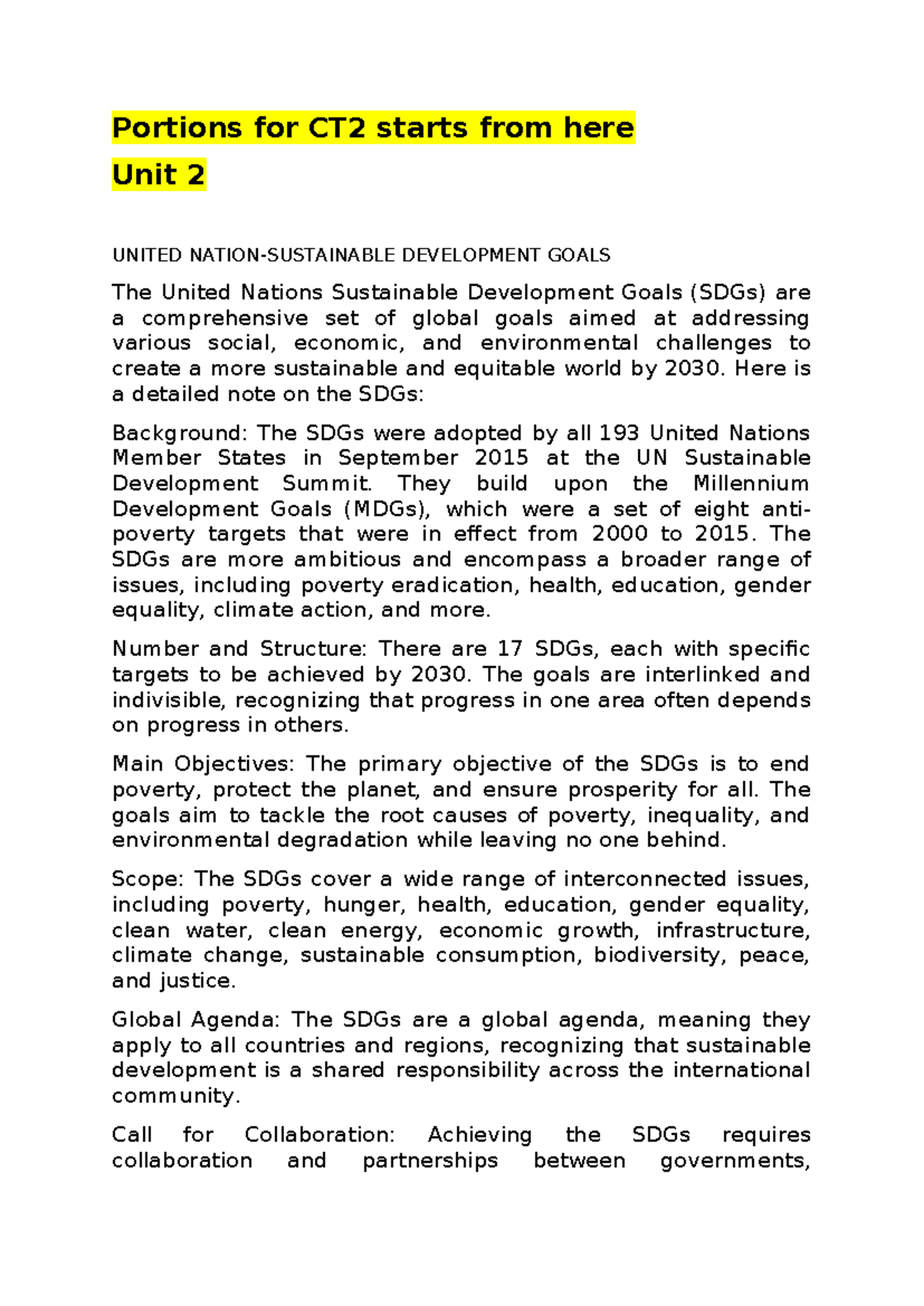 Unit 2 Overview of UN Sustainable Development Goals (SDGs) - Studocu