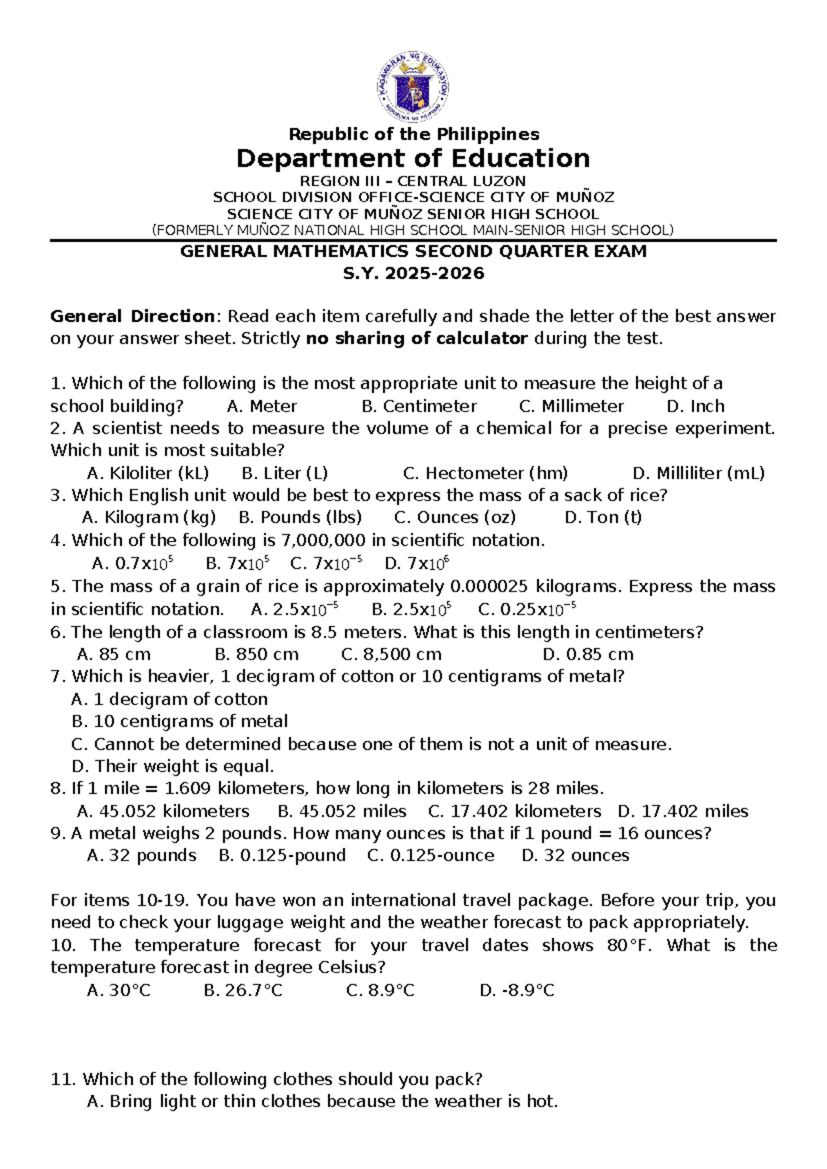 SHS GEN MATH 2nd Qtr Exam S.Y. 2023-2024 - Studocu
