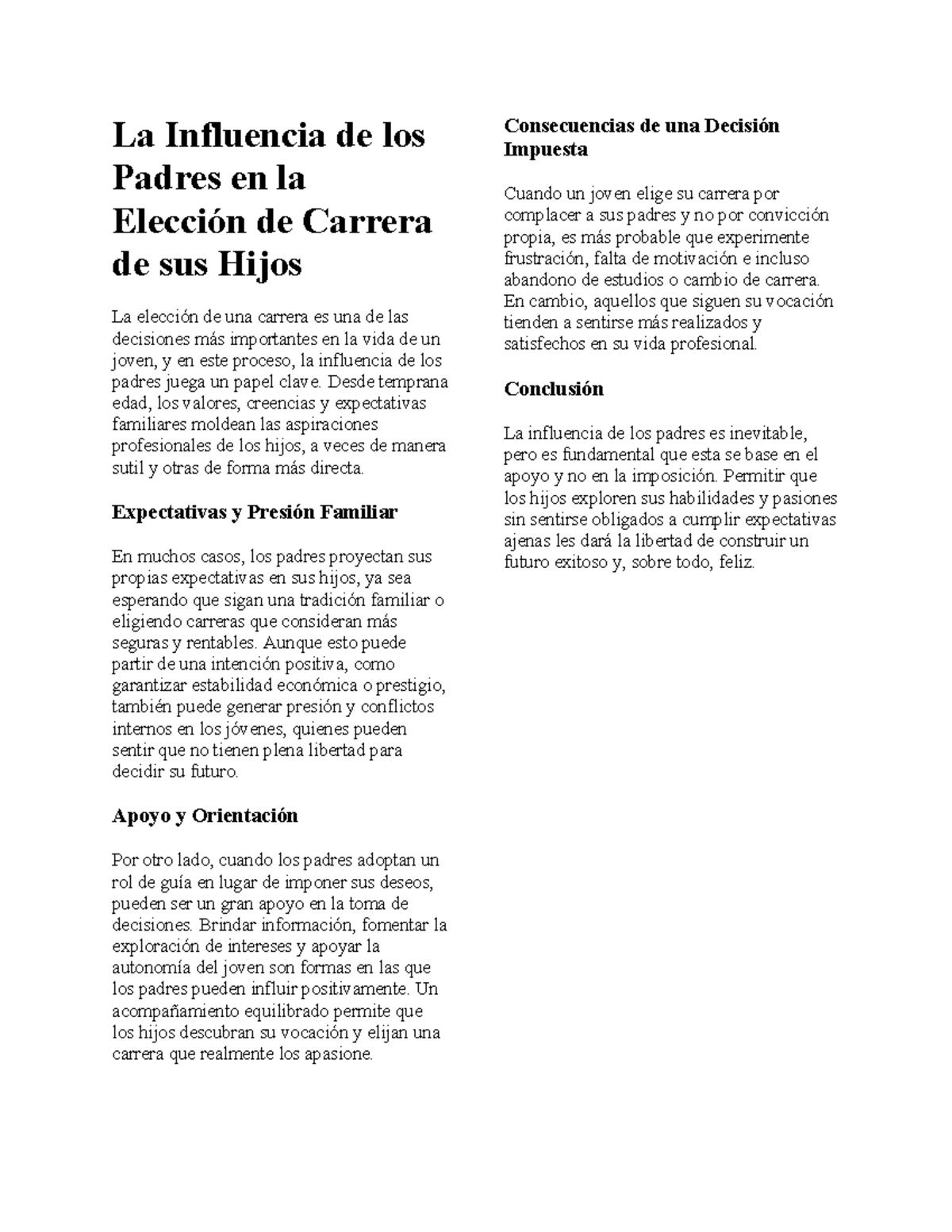 La Influencia de los Padres en la Carrera de sus Hijos: Reflexiones y ...