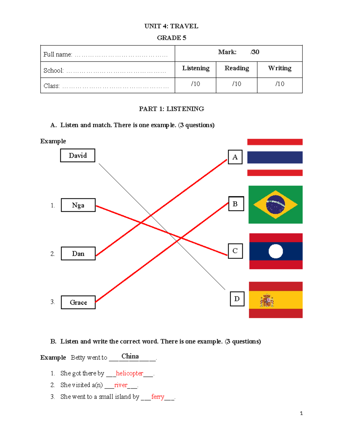 TA5 i-Learn Smart Start: Unit 4 Travel - Answer Key for Grade 5 - Studocu