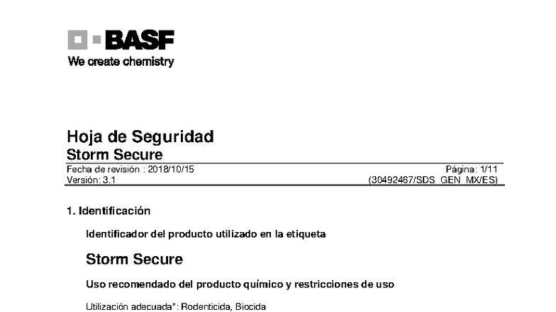 Hoja de Seguridad Storm Secure - FDS Versión 3.1 - Studocu