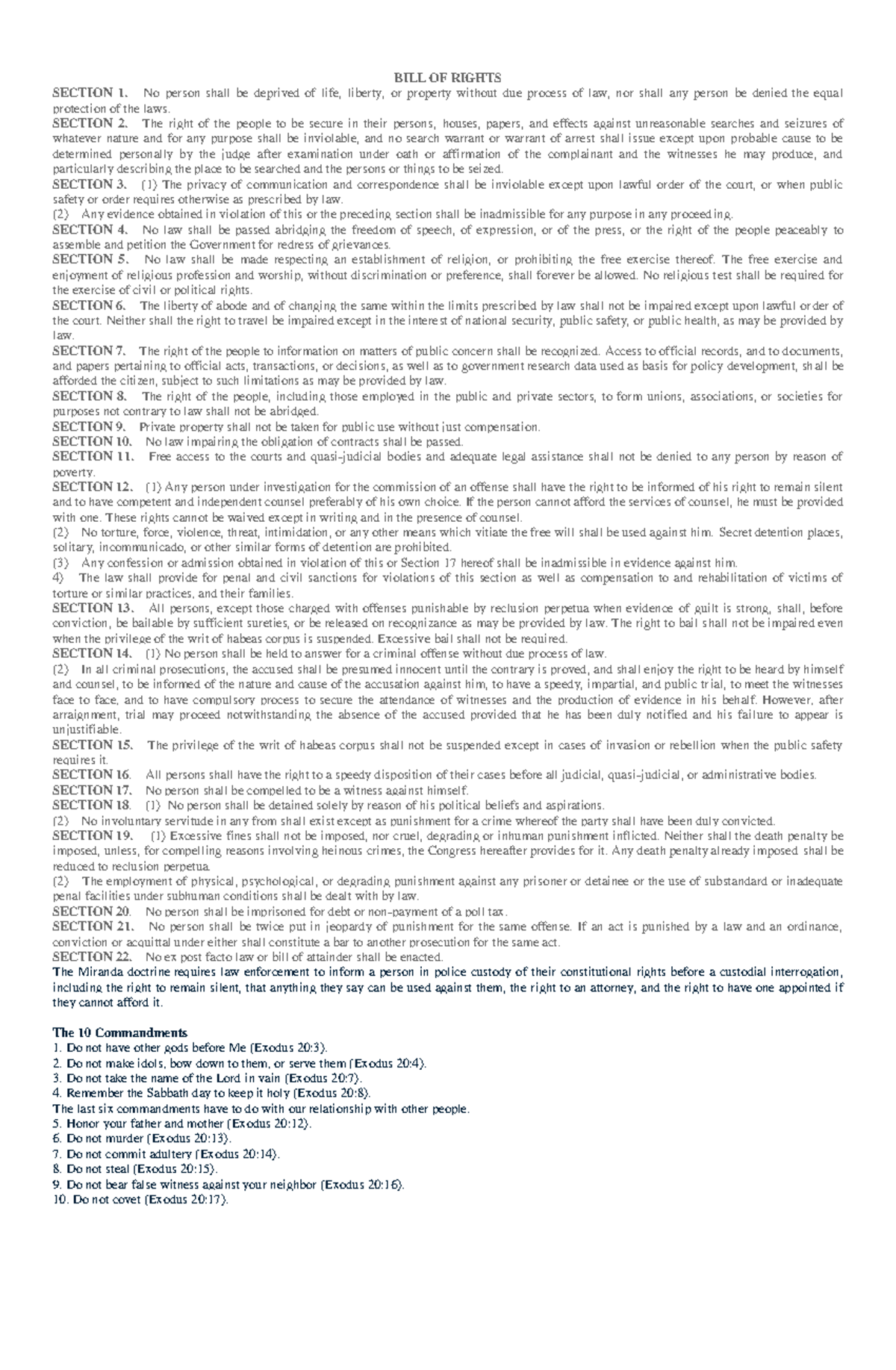 BILL OF RIGHTS & 10 COMMANDMENTS: Key Legal Principles - Studocu