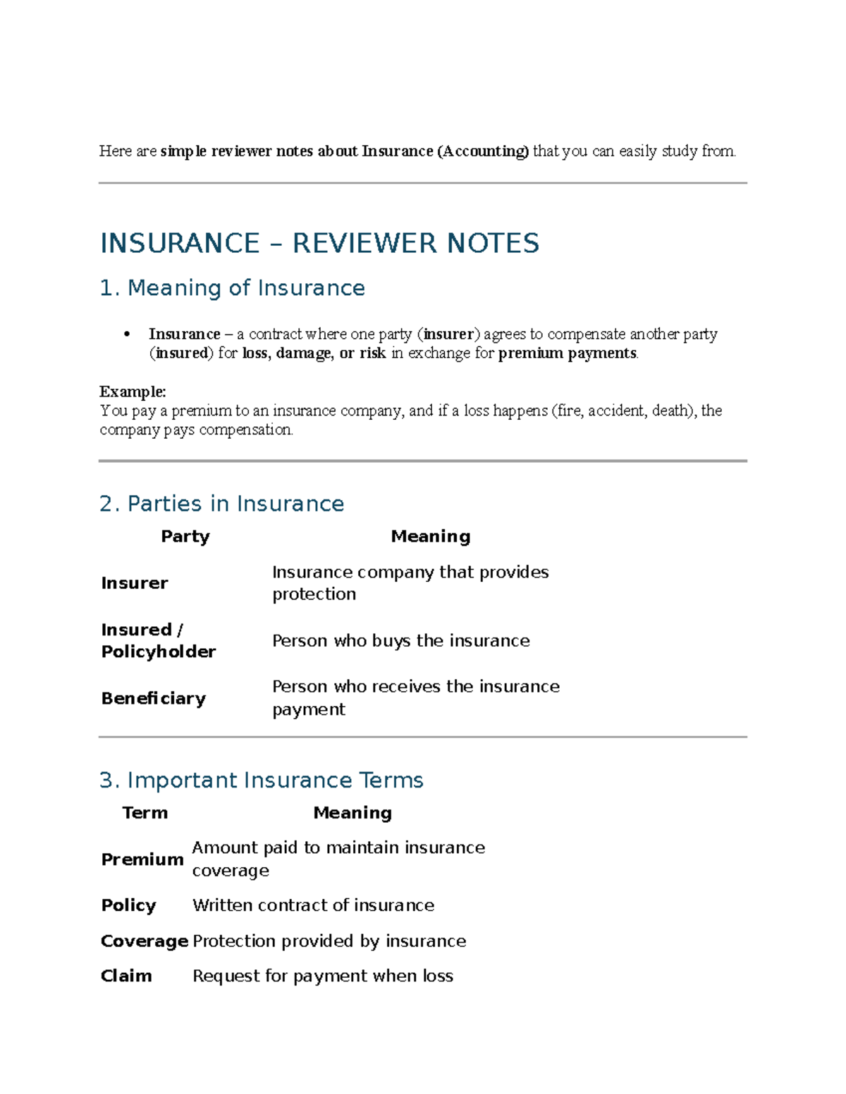 INSURANCE 101: Key Concepts & Terms for Accounting Review - Studocu