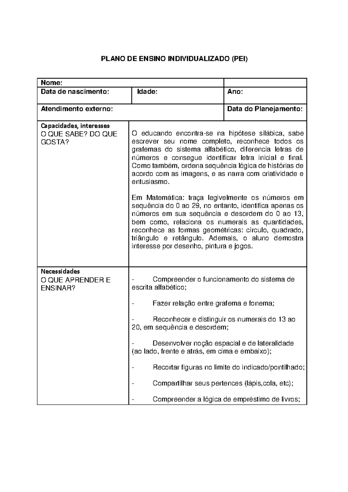 Plano de Ensino Individualizado (PEI) para Estudantes NEE - Studocu